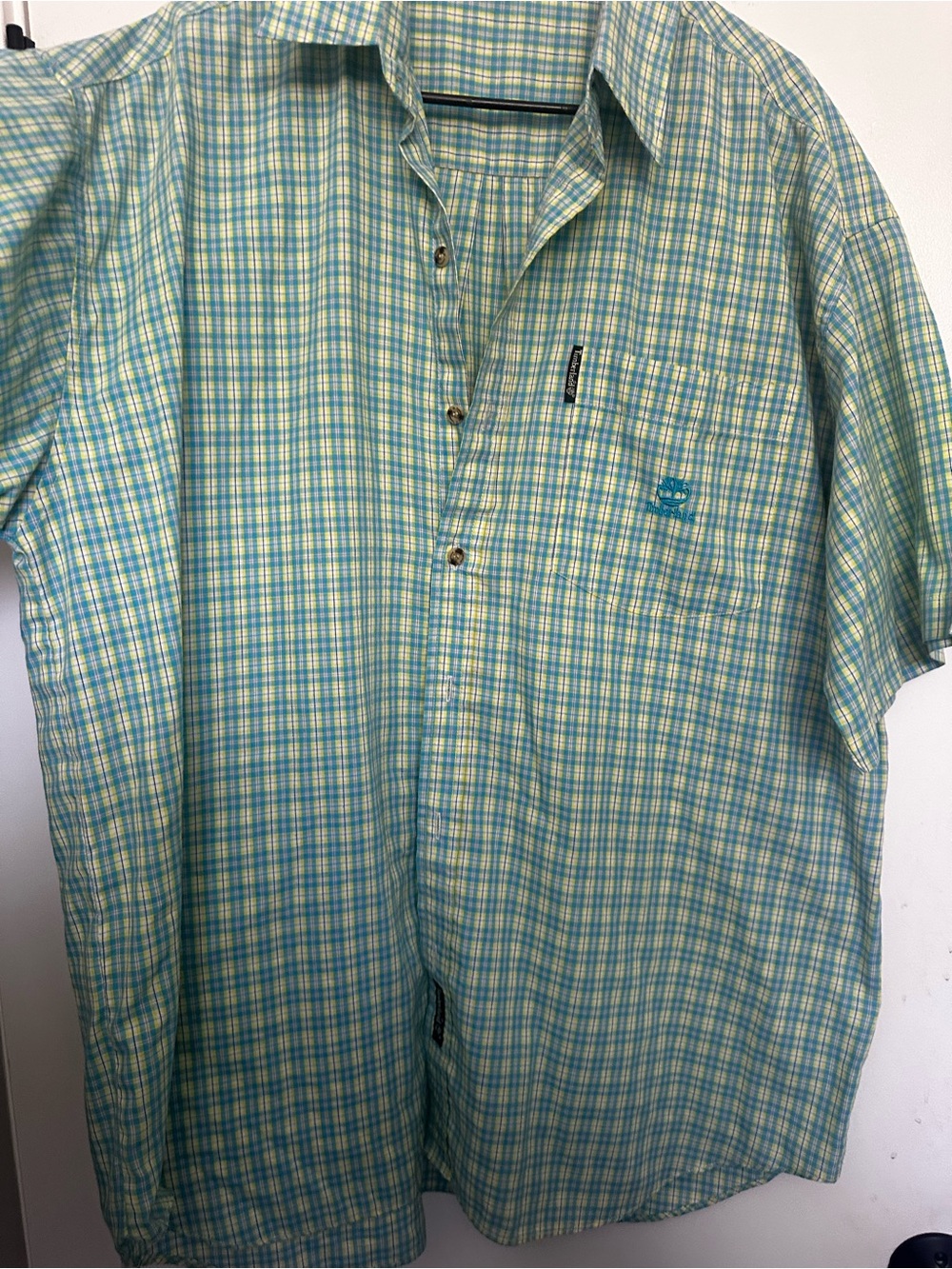 Timberland Men's Short-Sleeve Plaid Button-Up Shirt - Green, Blue & Yellow - Picture 2 of 6